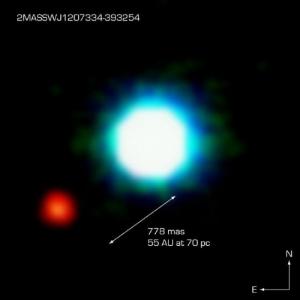 Коричневый карлик 2M1207 и его планета (красное пятно)