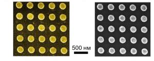 3.	Типичные изображения в сканирующем электронном микроскопе золотых (слева) и алюминиевых (справа) нанодисков на поверхности кремния с указанным масштабом длины 500 nm