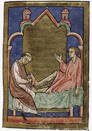 Исцеление обувью, принадлежащей святому Кутберту. Конец XII века