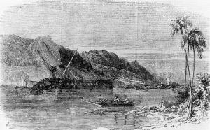 Российский фрегат «Диана», погибший во время землетрясения 1854 года в заливе Суруга острова Хонсю. Изображение из The Illustrated London News, 1856